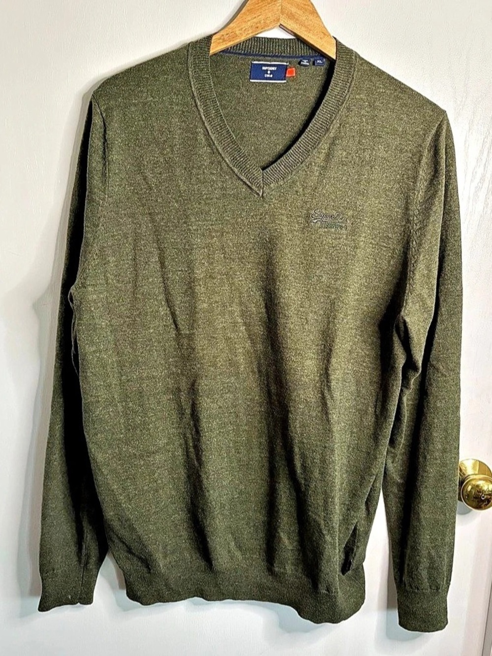 Superdry XL Orange Label V-Neck Jumper Olive Cotton/Cashmere Classic Luxury Chic